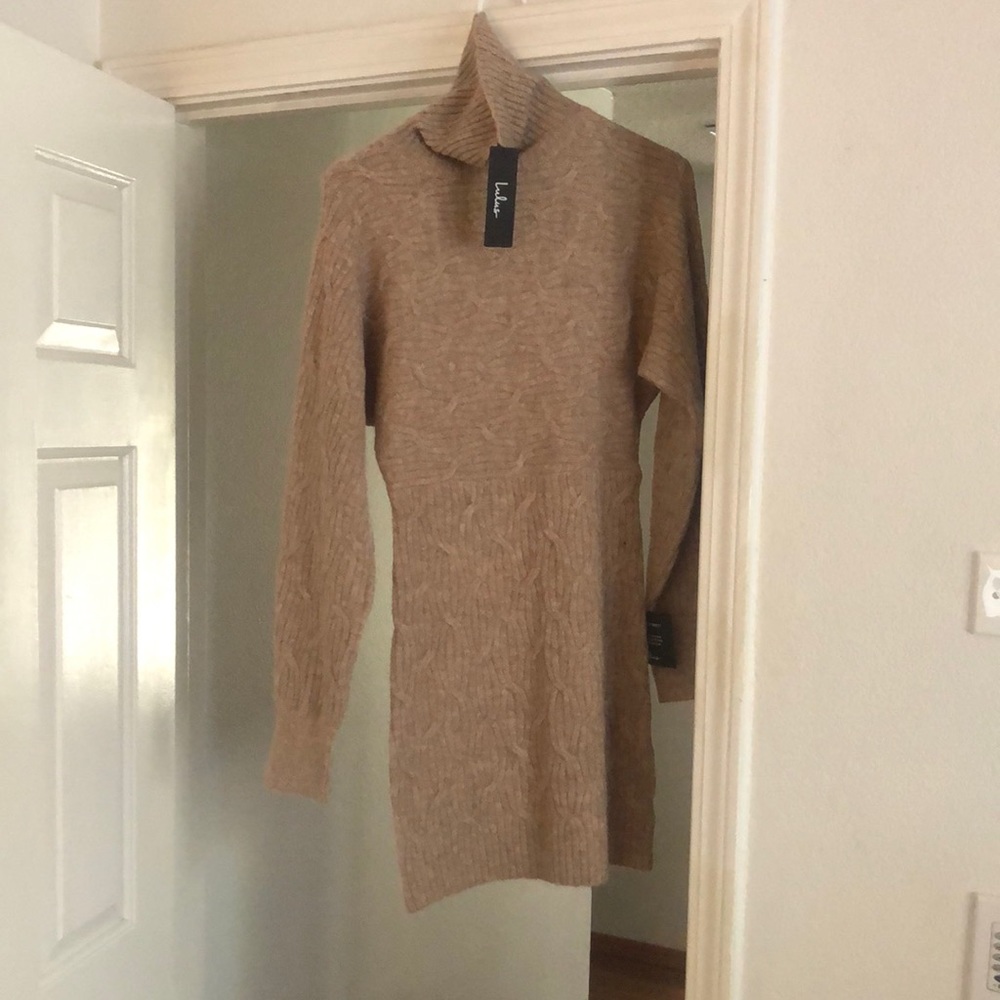 Fall Festivities Taupe Cable Knit Turtleneck Sweater Dress LULUs